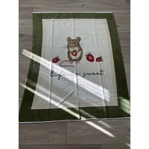 Life is Sweet Mouse Strawberry Fleece Throw Blanket Olive Green Cream 49x63